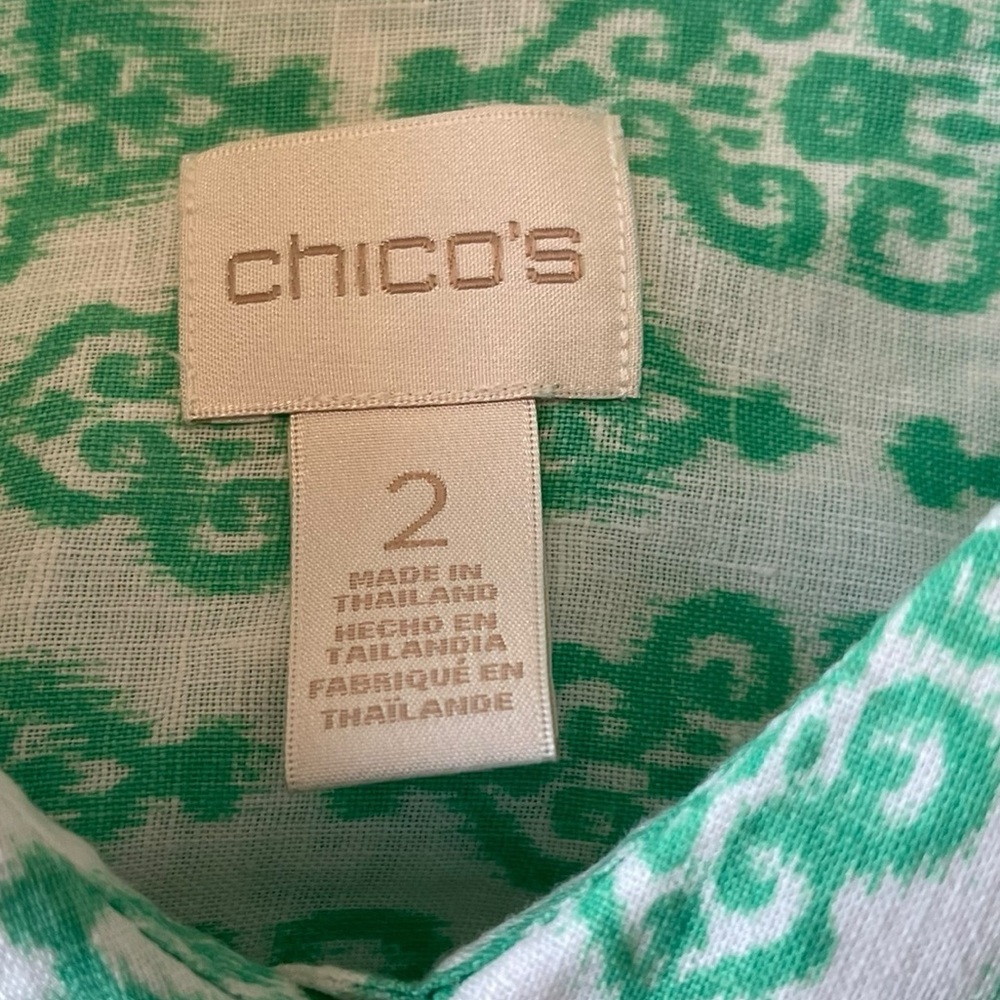Chicos Women’s Linen Size Large Ikat Buttondown Top No Iron Green Boho 3/4 Slv - Picture 5 of 9